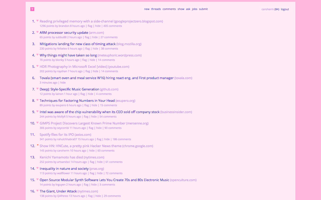 HNcute: A pretty pink Hacker News theme截图2