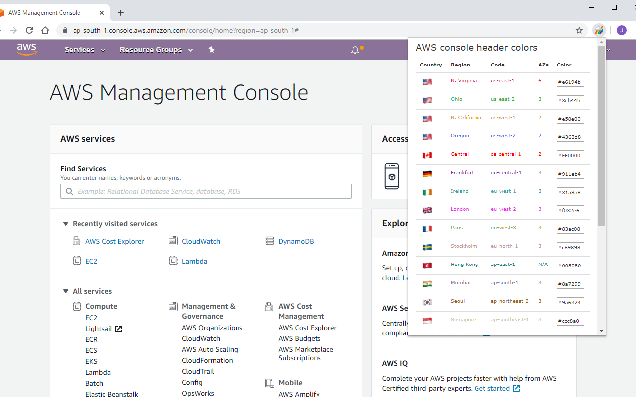AWS console regions color截图2