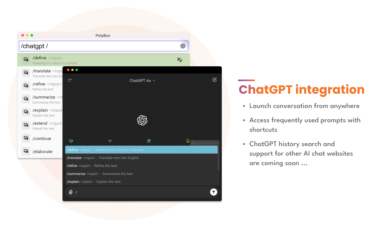 PolyBox - 一键开启ChatGPT对话、管理指令库,快捷启动多个搜索引擎,搜索标签页、书签、历史、下载,短网址导航截图4